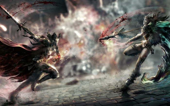 Two fantasy warriors clash with swords and spears