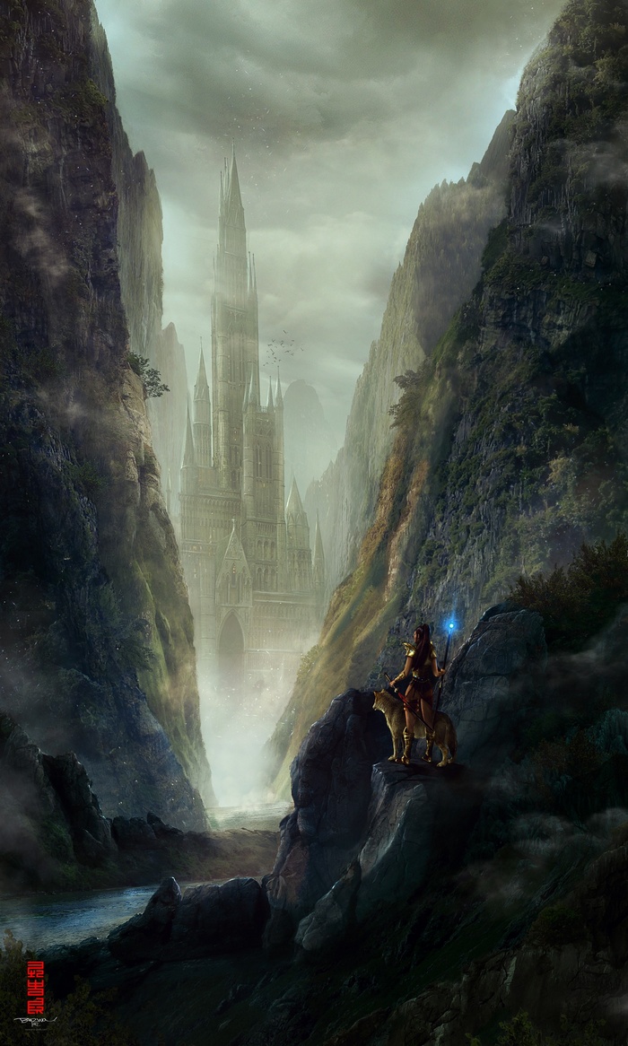 Fantasy castle in a mountain valley with a warrior and wolf