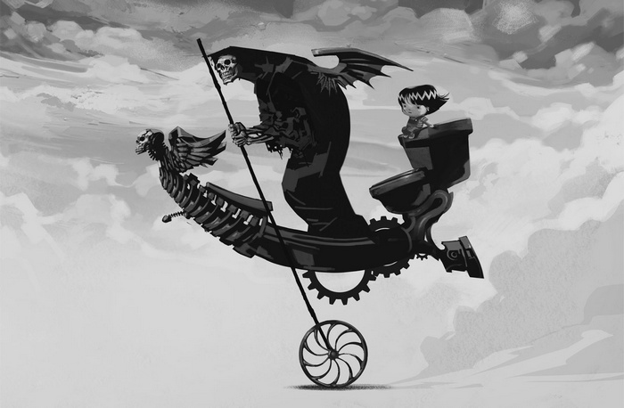 Grim Reaper and girl on a flying machine