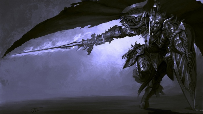 Fantasy knight with glowing sword and shield