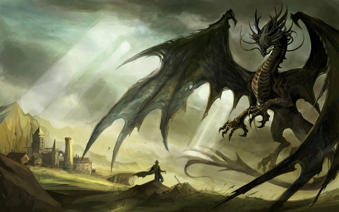 Fantasy art of a dragon attacking a village