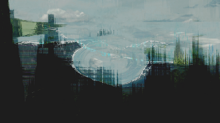 Glitch art landscape with mountains and dark foreground