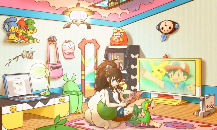 Anime girl reading a book with Pokémon characters