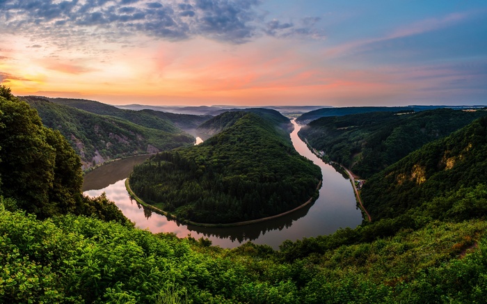 Saarschleife river bend at sunset in Germany