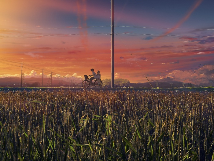 Anime couple riding a bicycle at sunset