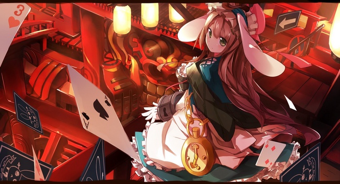 Anime girl with bunny ears and playing cards