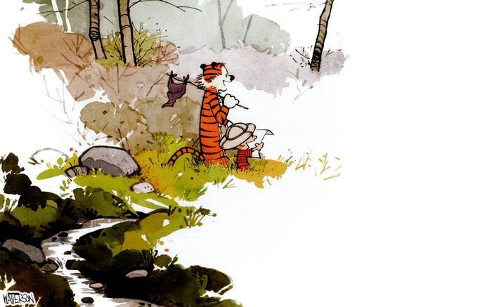 Calvin and Hobbes on an outdoor adventure