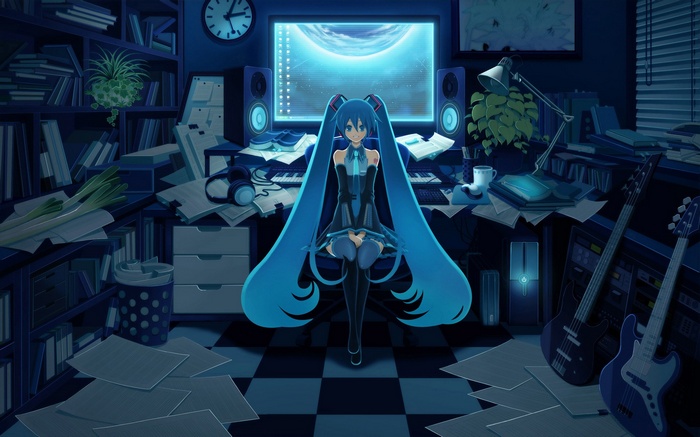 Hatsune Miku in a messy music studio