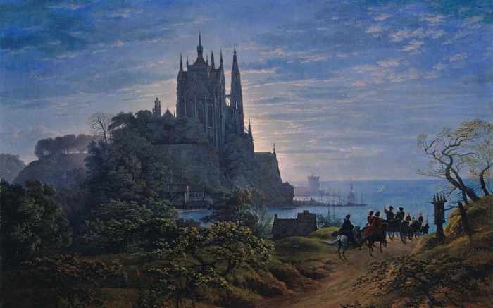 Castle on a cliff overlooking a harbor with a carriage on a road