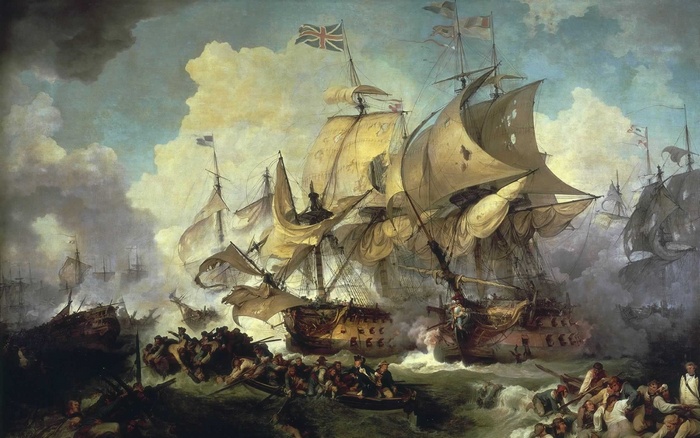 Naval Battle Painting with British Flag
