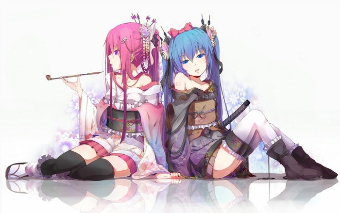 Megurine Luka and Hatsune Miku in Kimonos
