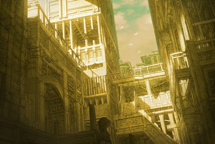 Anime artwork of a lone figure in ancient ruins