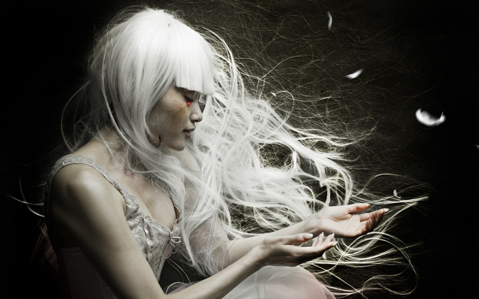 Woman with white hair and red eyes with feathers