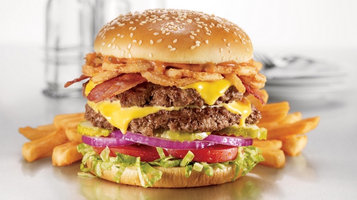 Double Bacon Cheeseburger with Onion Rings and Fries
