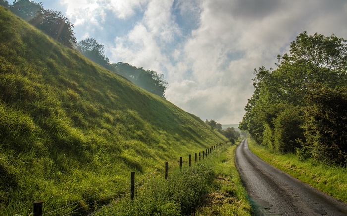 A winding road through a green landscape with a fence