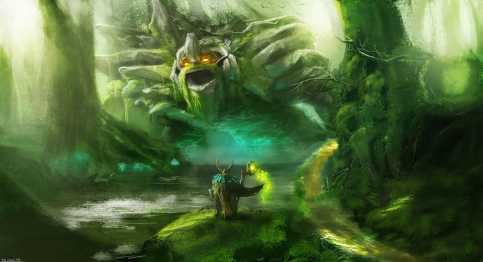 Dota 2: Nature Golem and a creature in a forest