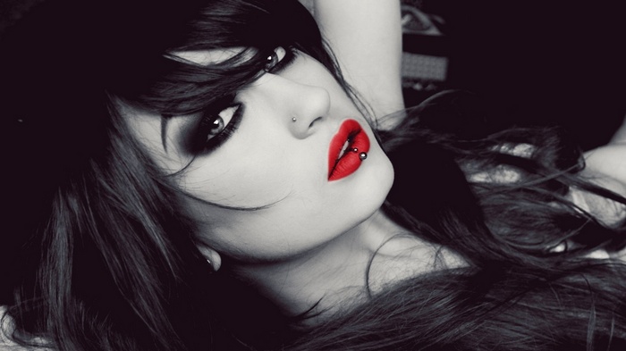 lipstick, red lipstick, BloodViktoria, model, Pierced Lips, lolina green, selective coloring, Niky Von Macabre, lips, women, face