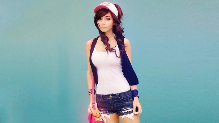 Hilda from Pokémon wearing jean shorts and a white tank top