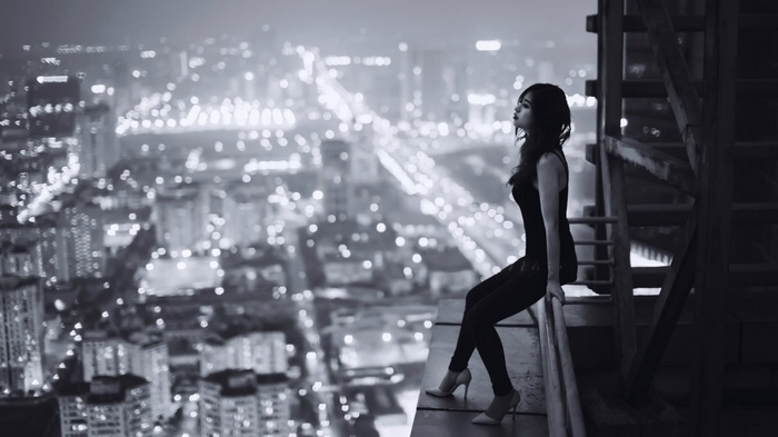 high heels, women, Asian, rooftops