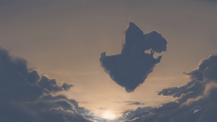 Fantasy art of a floating island with a house