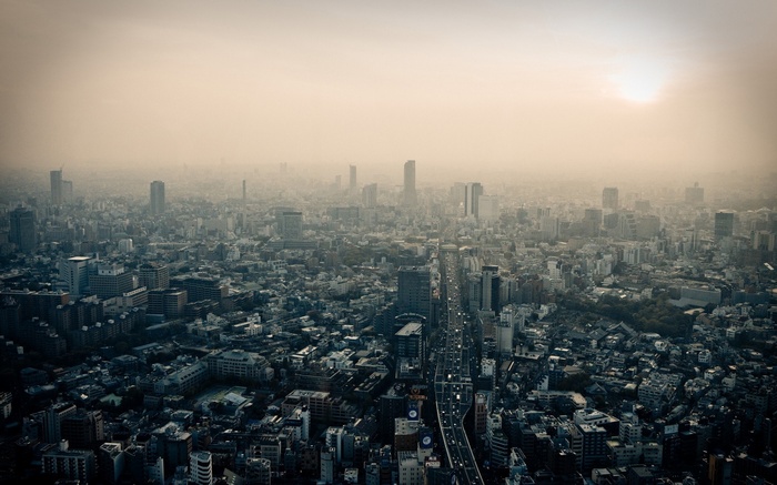 Aerial view of Tokyo cityscape with skyscrapers and highway