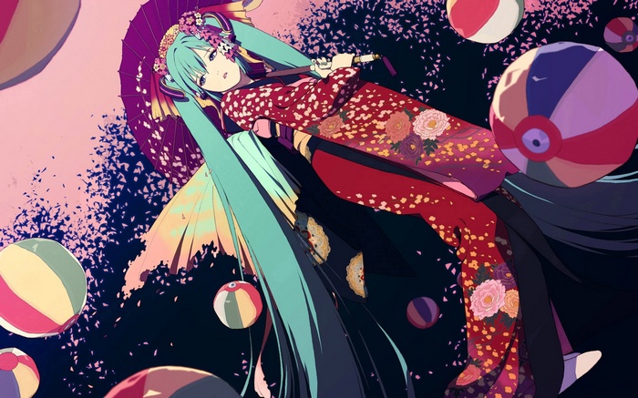 Hatsune Miku in a Red Kimono with Parasol and Balloons