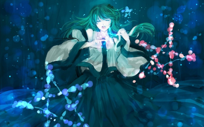 Kochiya Sanae from Touhou with glowing particles