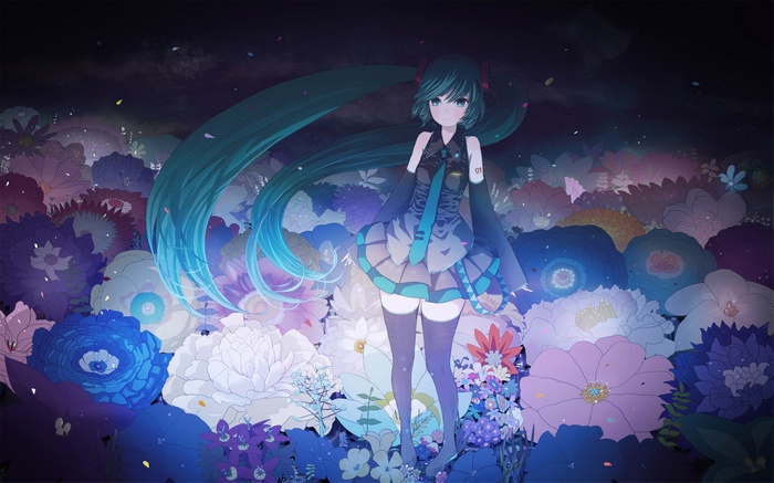 Hatsune Miku surrounded by colorful flowers