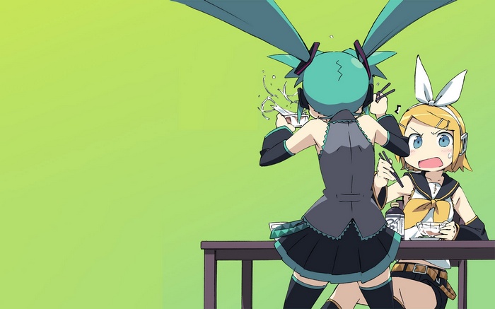 Hatsune Miku and Kagamine Rin eating