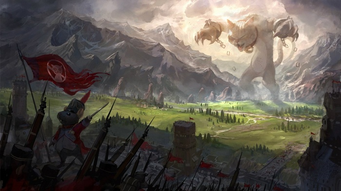 Giant cat monster attacks a fantasy army of mice