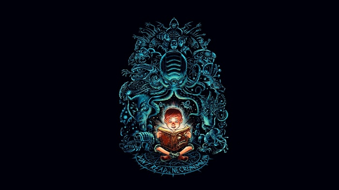 Boy Reading the Necronomicon Surrounded by Monsters