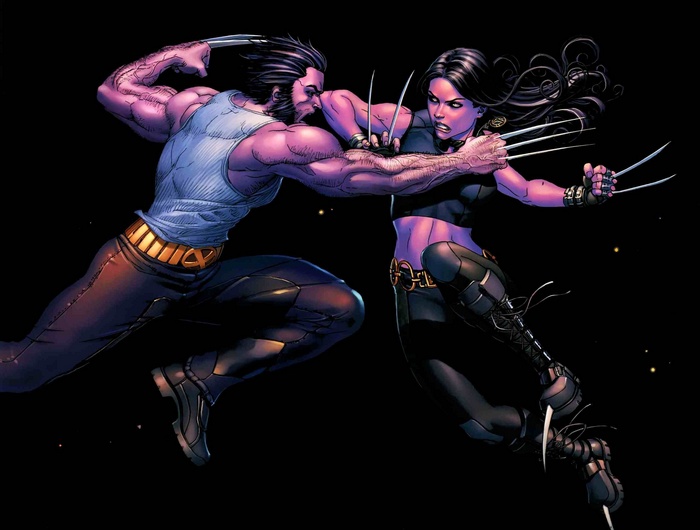 Wolverine and X-23 fighting with claws