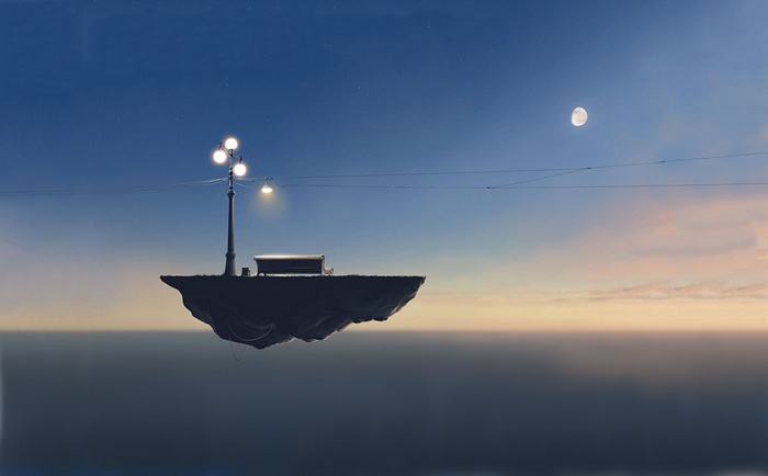 Floating island with a lamp post and bench under the moon