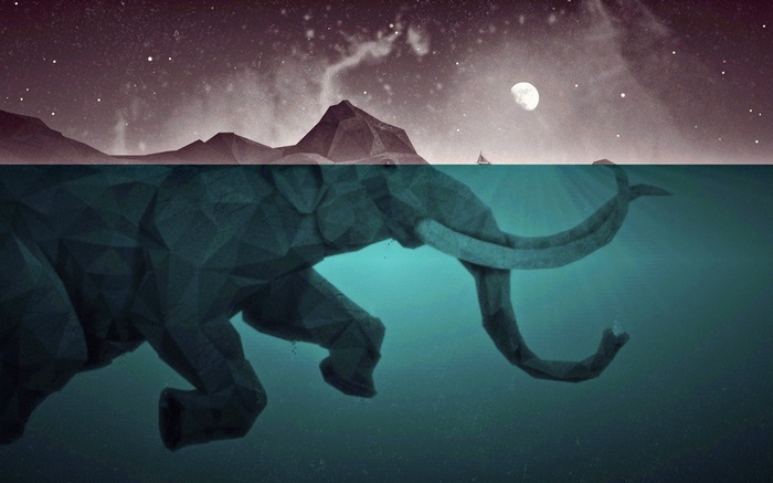 Low poly elephant submerged in water under a starry sky