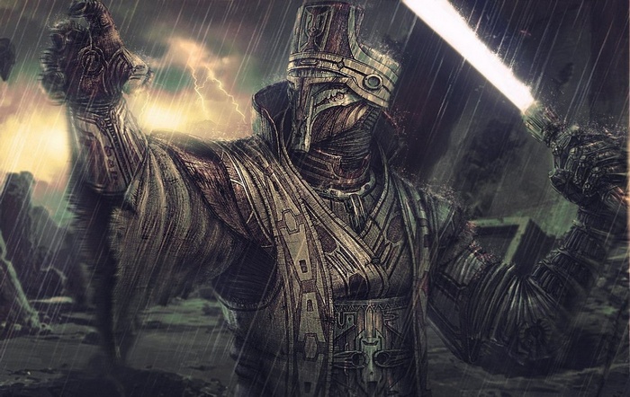 Star Wars Sith Lord with Lightsaber in Rain
