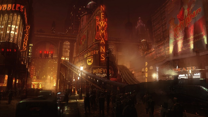 Retro-futuristic city street with neon signs