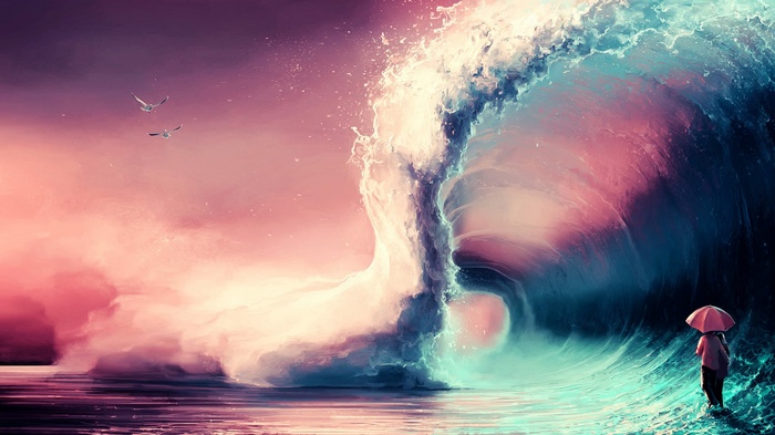 Fantasy art of a giant wave with seagulls and a person with an umbrella