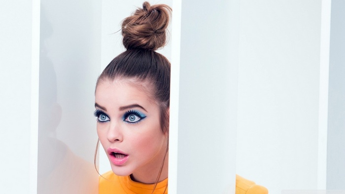 Barbara Palvin with dramatic blue eye makeup