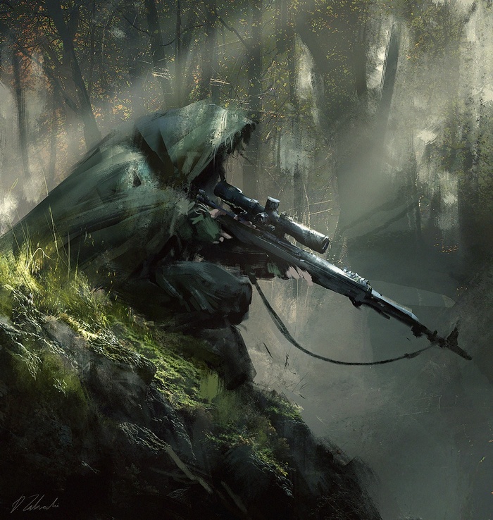 Sniper in camouflage with rifle in forest