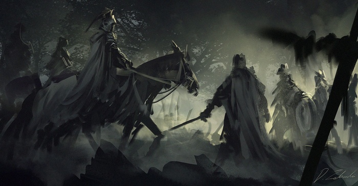 Fantasy knights on horseback in a dark forest