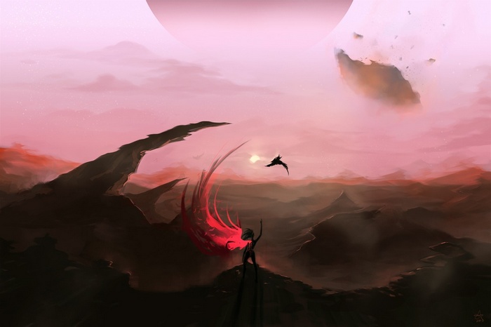 Fantasy landscape with a figure and a bird