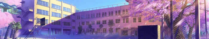 Anime school building with cherry blossoms
