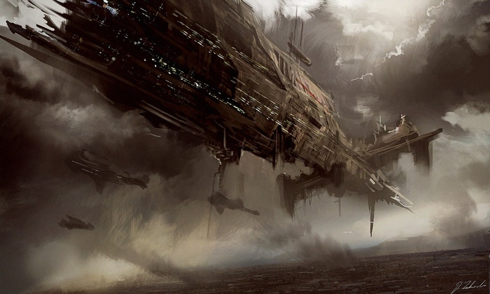 Darek Zabrocki science fiction spaceship in clouds