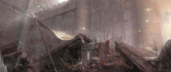 Ruined castle interior with fallen banners and armor