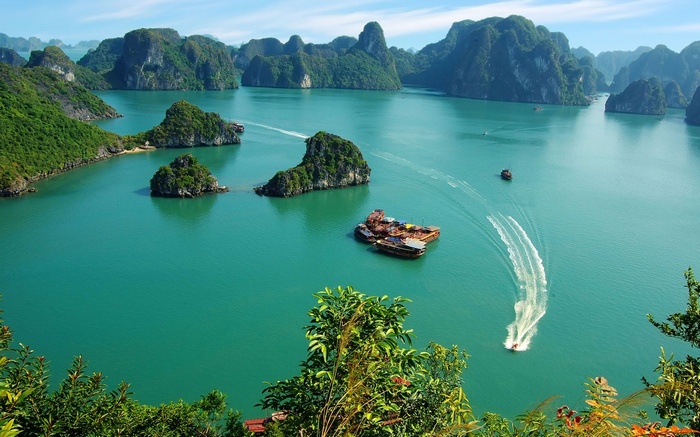Halong Bay, Vietnam with boats and karst formations