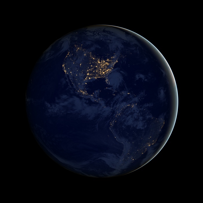 Earth at night from space showing North and South America