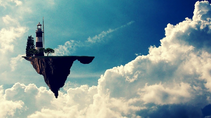 Floating island with lighthouse and trees in the sky