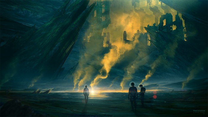 Astronauts in a desolate, alien landscape with ruins and smoke