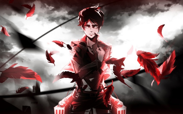 Eren Yeager surrounded by red feathers