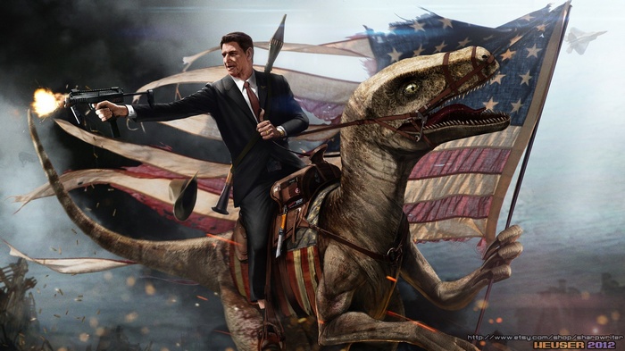 Ronald Reagan riding a dinosaur with a gun and flag